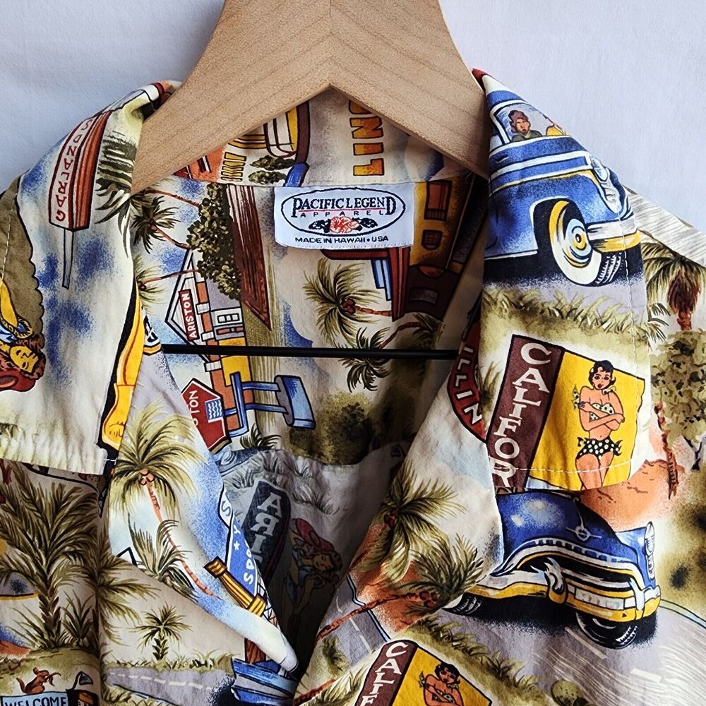 Pacific Legend Men's Hawaiian Shirt xl short sleeve Route 66 Classic Car Travel